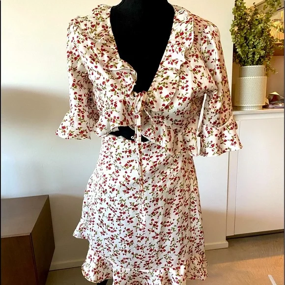 NEW floral summer mini dress front tie ruffled keyhole cutout pinup retro LARGE - Picture 5 of 16